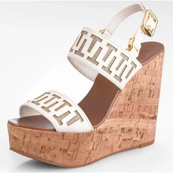 Tory Burch Regan Sandal Wedge Cork Platform White Leather Open Toe Ankle… - Picture 1 of 8
